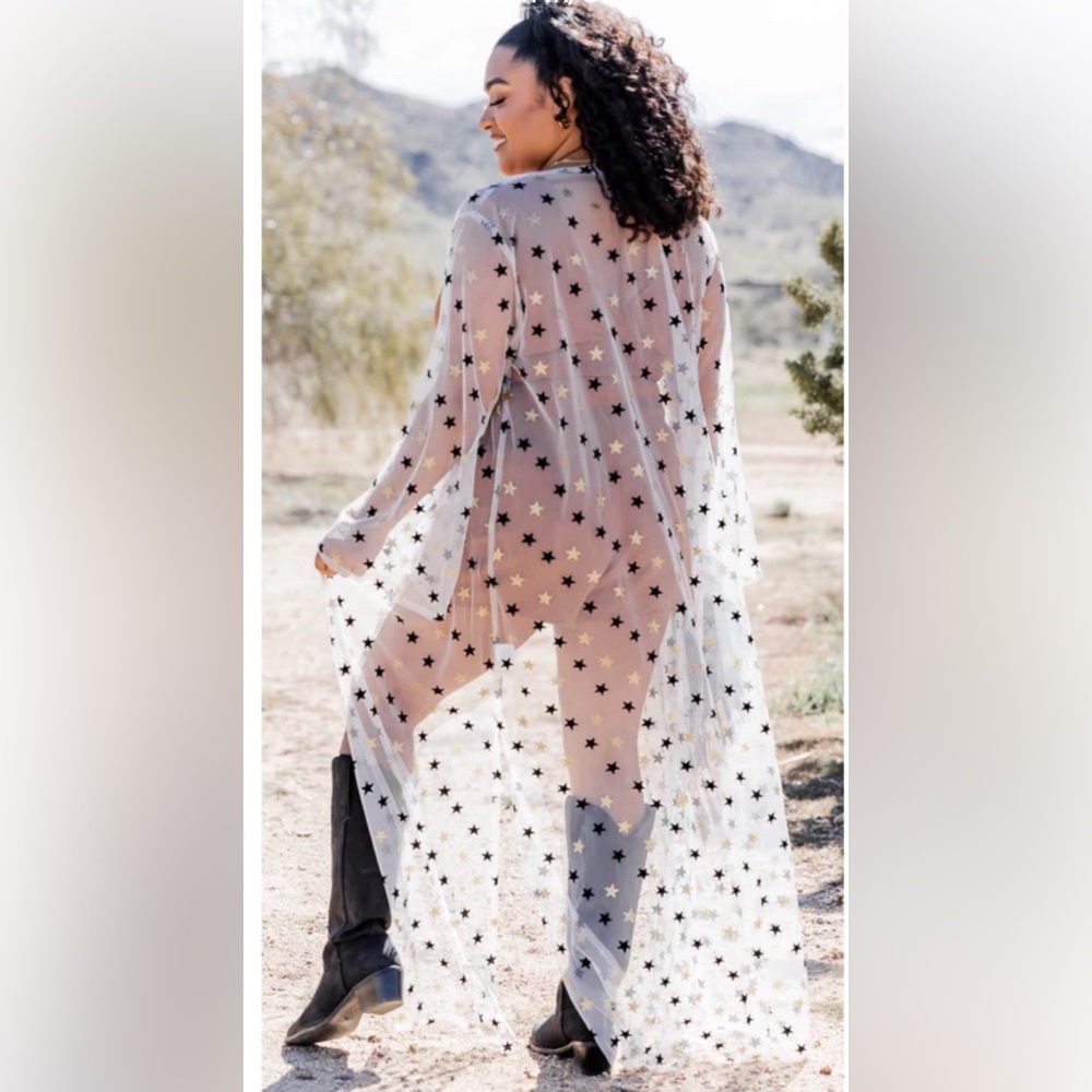 Pink Lily Sheer Duster with Black and Gold Stars